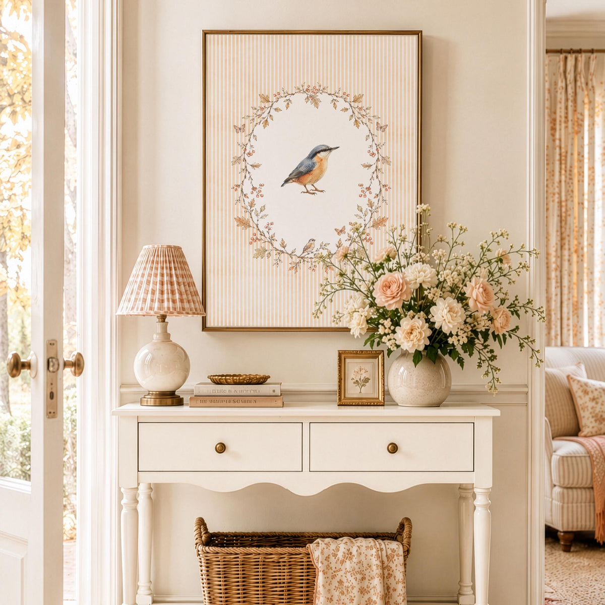 Woodland bird digital print for nursery — delicate perched nuthatch with sage and rust floral border, cozy nature-inspired aesthetic
