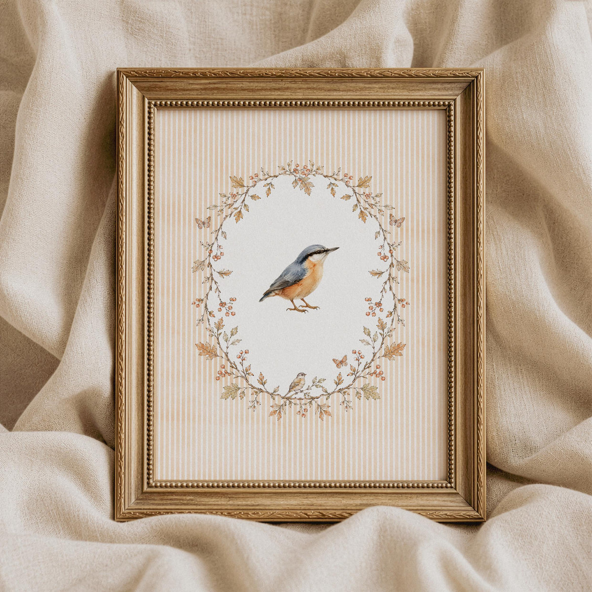 Nuthatch digital artwork for entryway — fine watercolor detail with muted gold and sage accents, charming farmhouse aesthetic