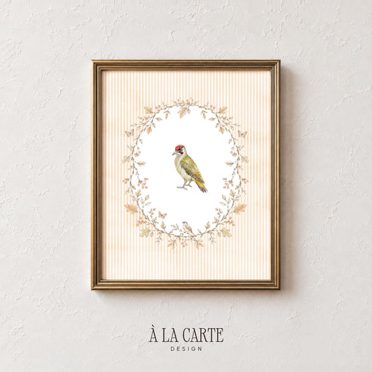 Vintage-style pecking bird picture print for living room — cottagecore aesthetic with ornate foliage border and watercolor details