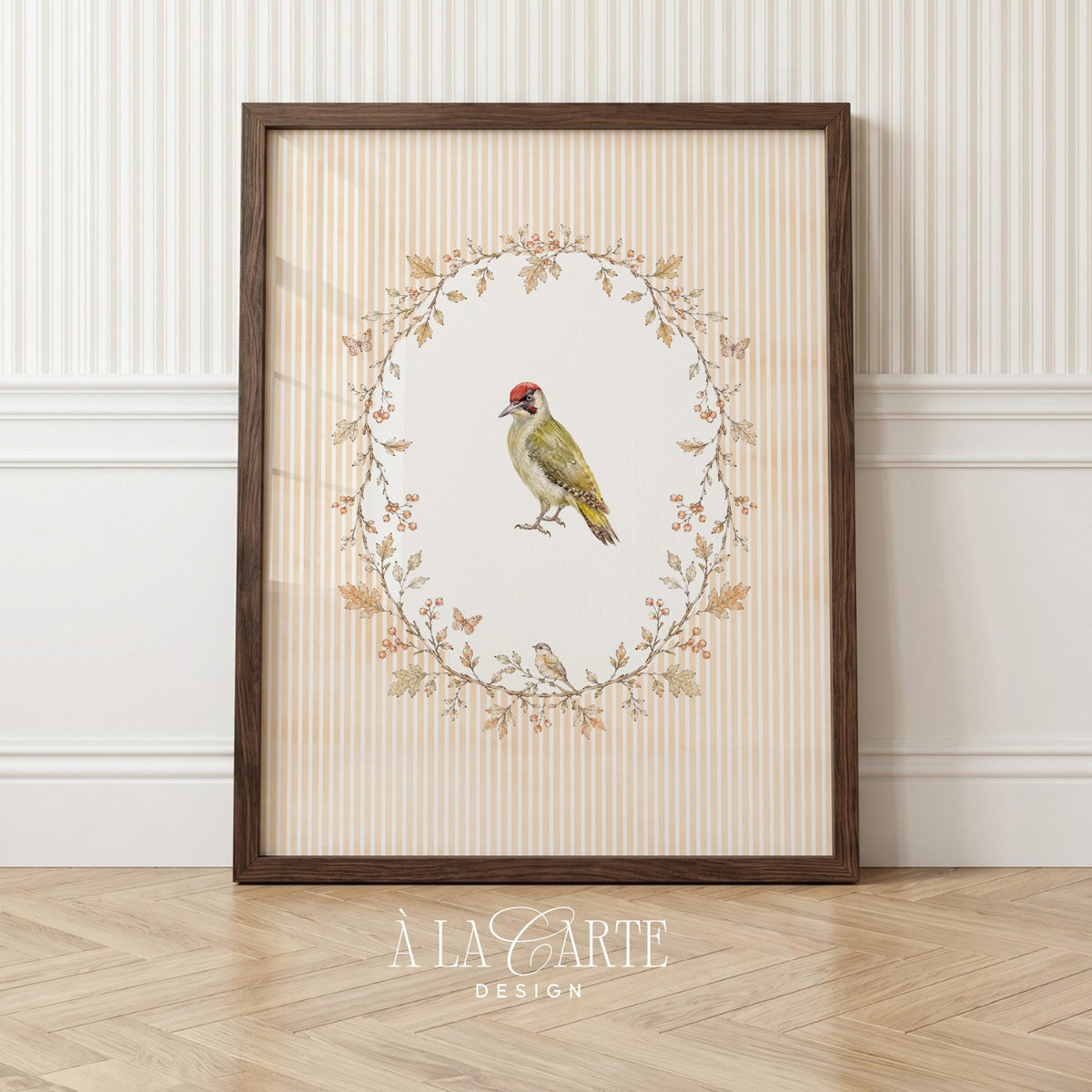 Traditional bird painting print for farmhouse decor — fine-lined botanical frame with muted flora in cream and earth tones