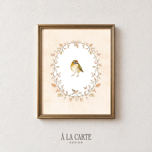 Tiny bird illustration poster for living room — cozy nature-inspired design with sage and rust botanical border