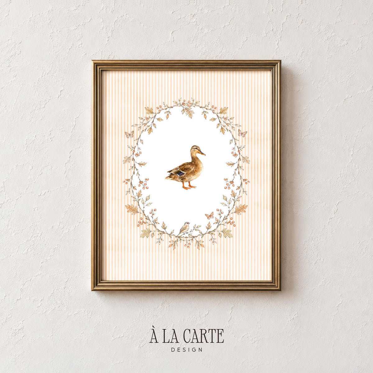 Duck wall poster gallery print for farmhouse home — vintage nature illustration with ornate delicate foliage surround