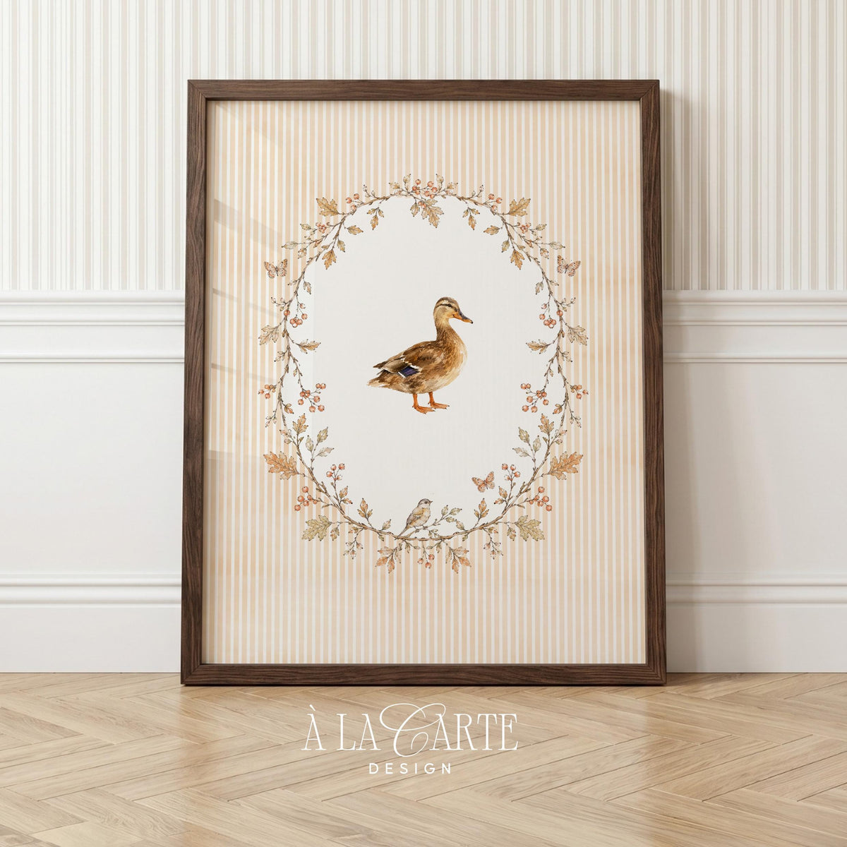 Elegant duck artwork print for nursery décor — vintage botanical illustration with cream-colored striped backdrop