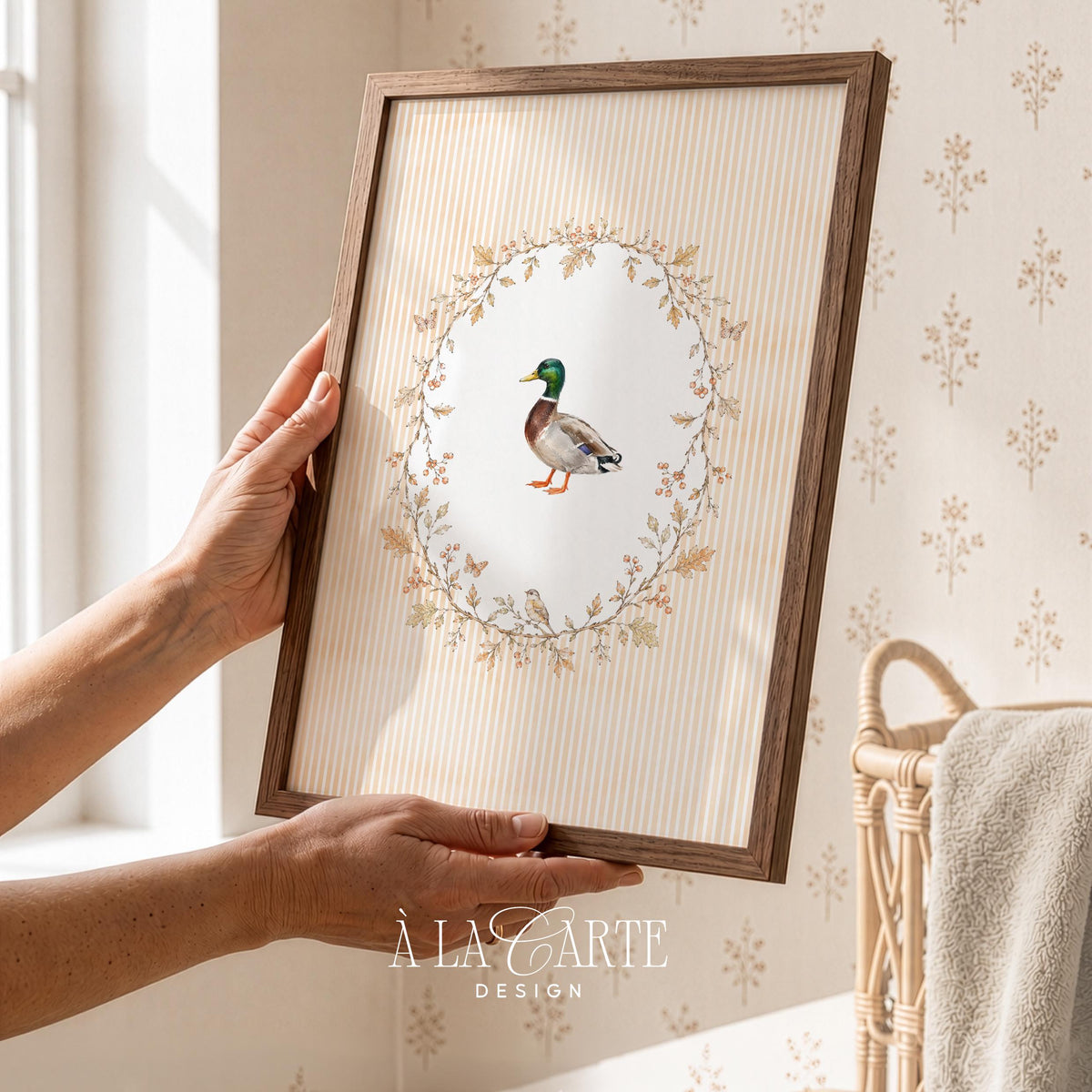 Nature-inspired duck illustration downloadable art — vintage farmhouse charm with detailed plumage and rustic pinstripe backdrop