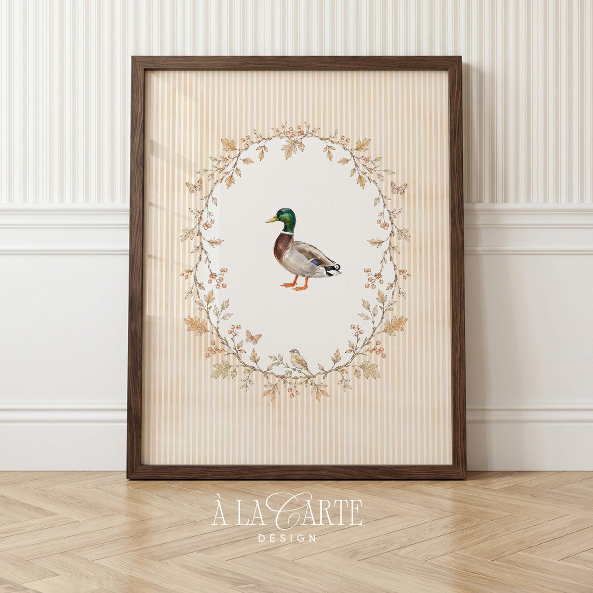 Woodland waterfowl digital wall art for kitchen — soft botanical print with ornamental framing, timeless neutral color scheme