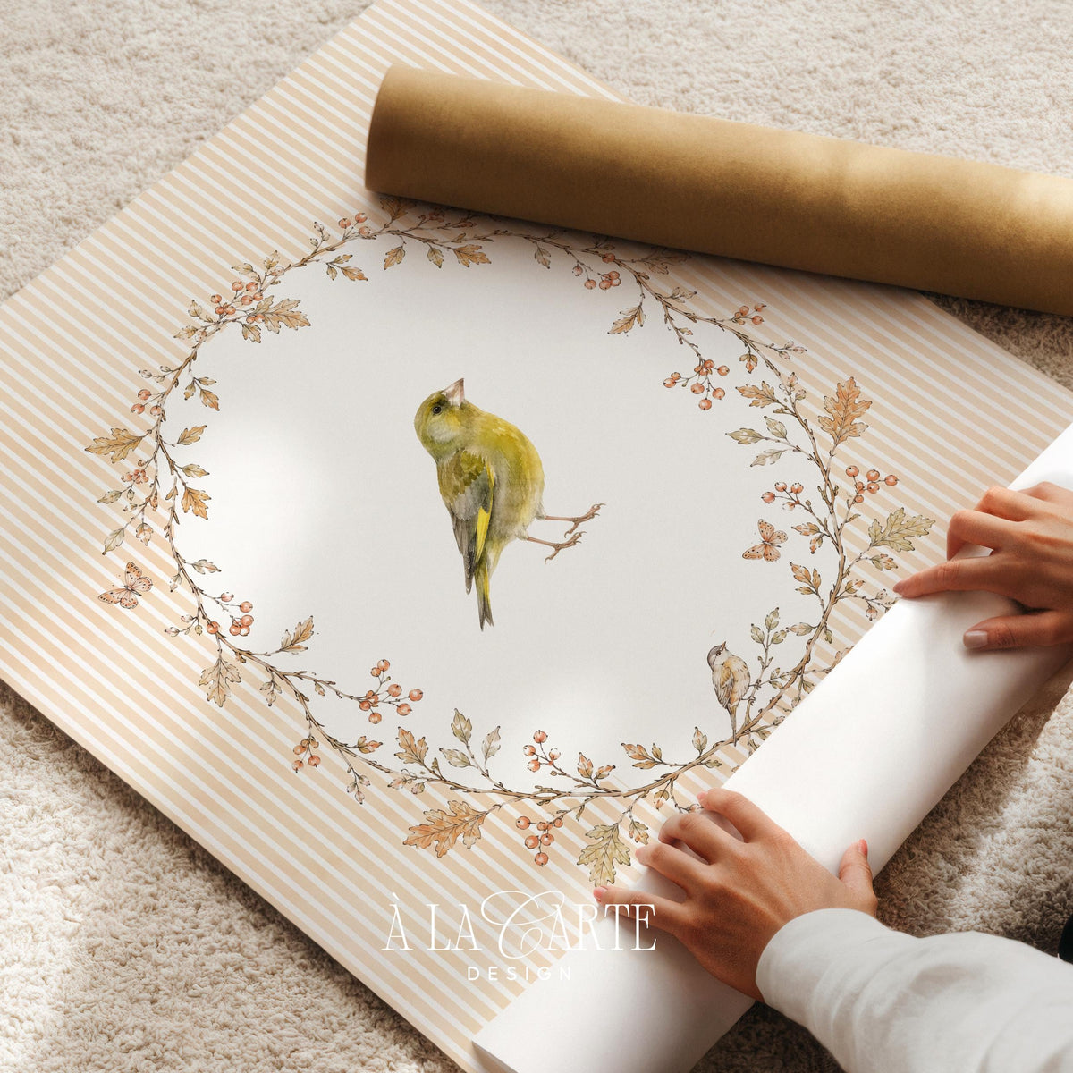Yellow finch printable art for bedroom — vintage cottagecore songbird surrounded by autumn leaf wreath