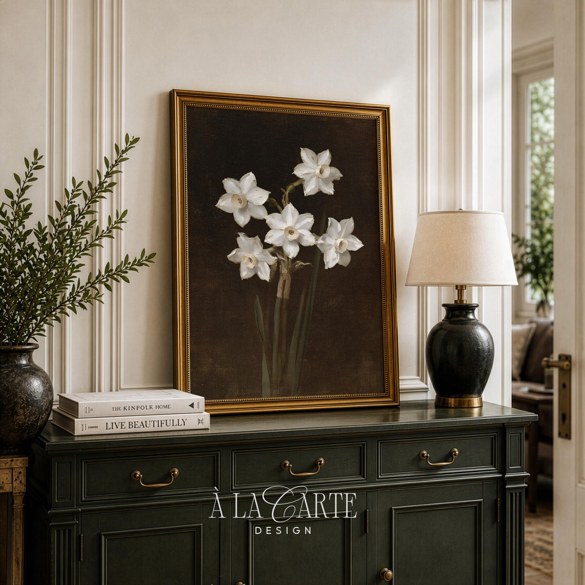 Elegant narcissus poster for library — antique-style still life with deep shadowy backdrop and muted tones