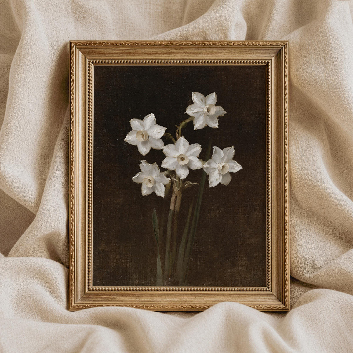 Antique-inspired daffodil painting for gallery wall — moody botanical study with textured master-quality brushwork
