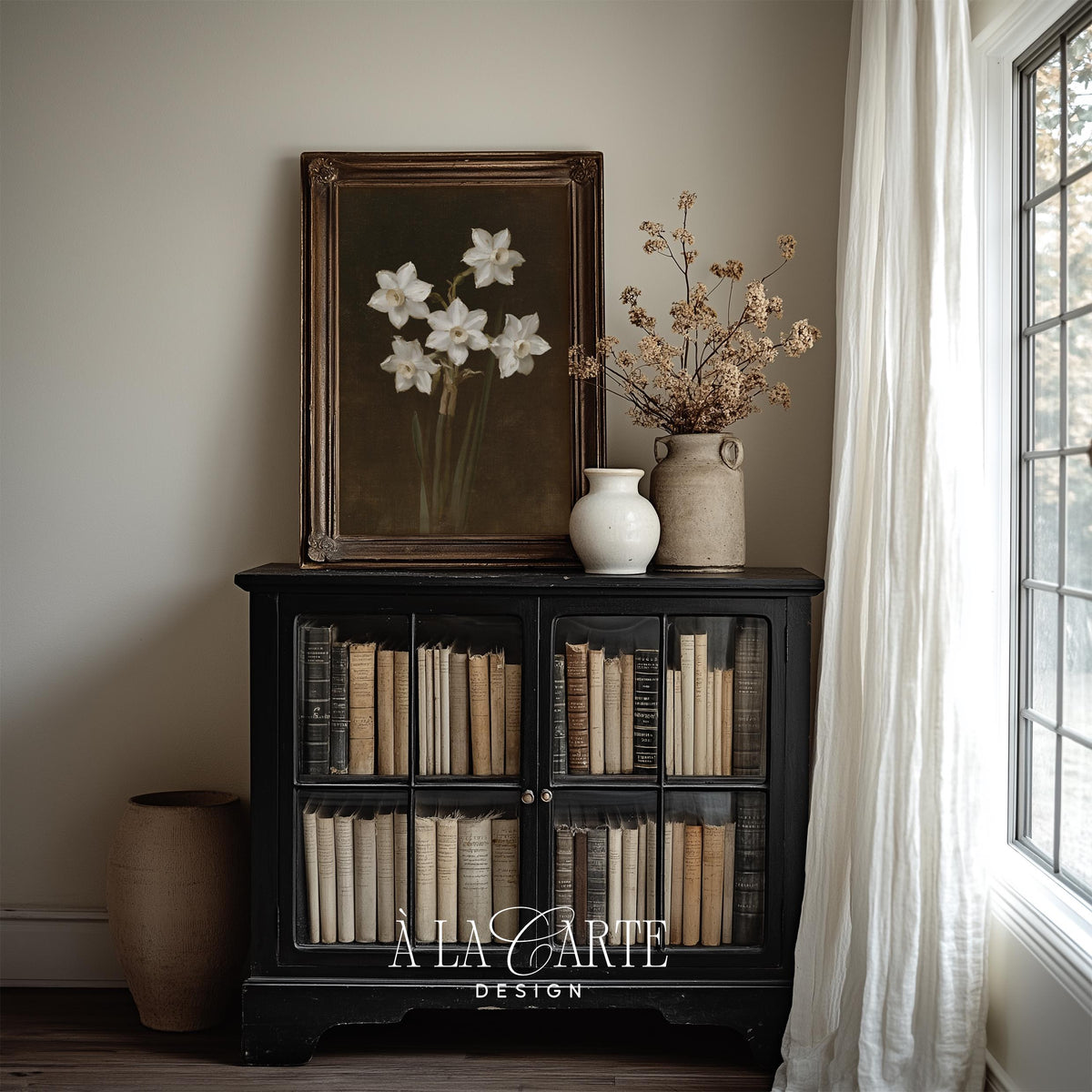 Antique narcissus digital print for classic interiors — luxurious dark brown backdrop with delicate flower study