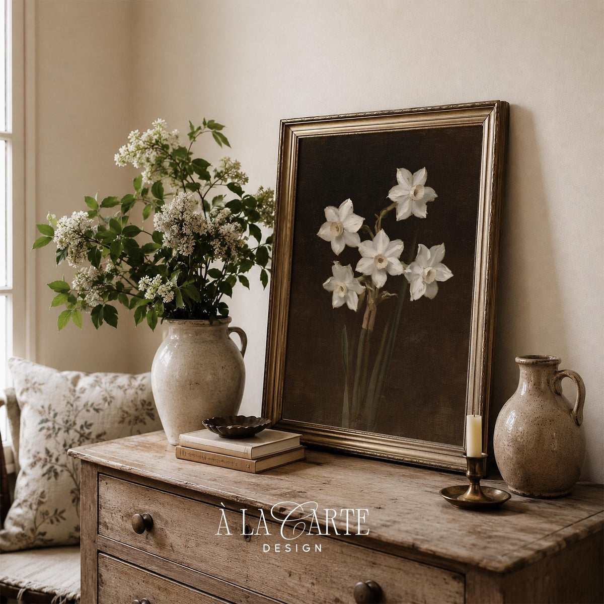 Botanical narcissus wall decor for bedroom — luxurious jewel-toned background with delicate spring blooms