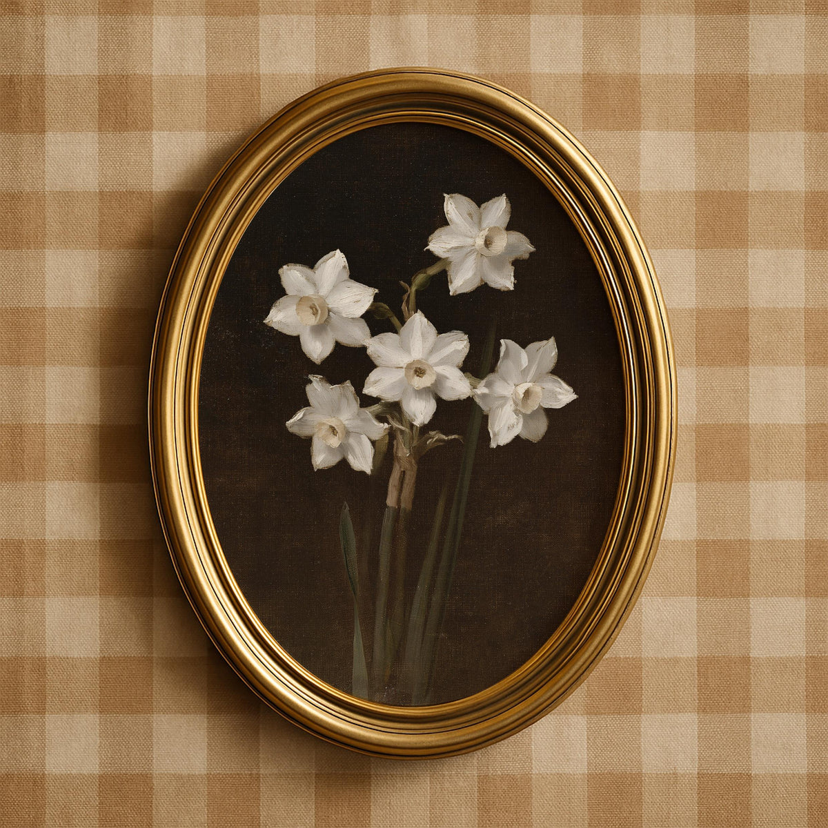 Elegant botanical picture printable for bedroom — muted antique palette with luminous white narcissus cluster