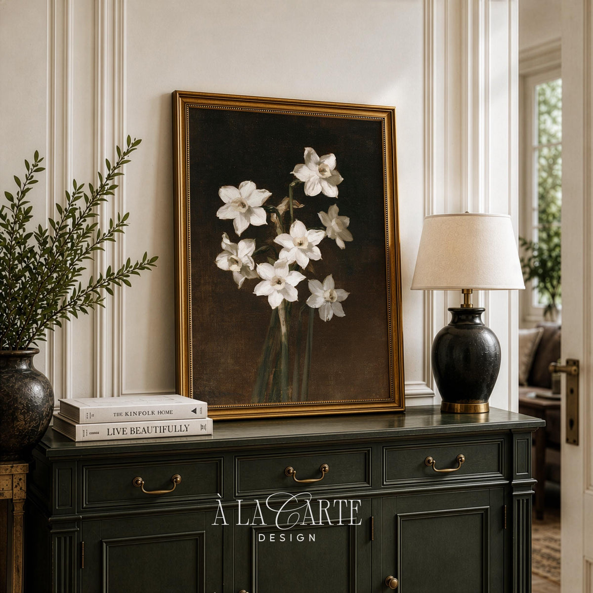 White narcissus flowers poster art for bedroom — moody dark background with vintage oil painting style