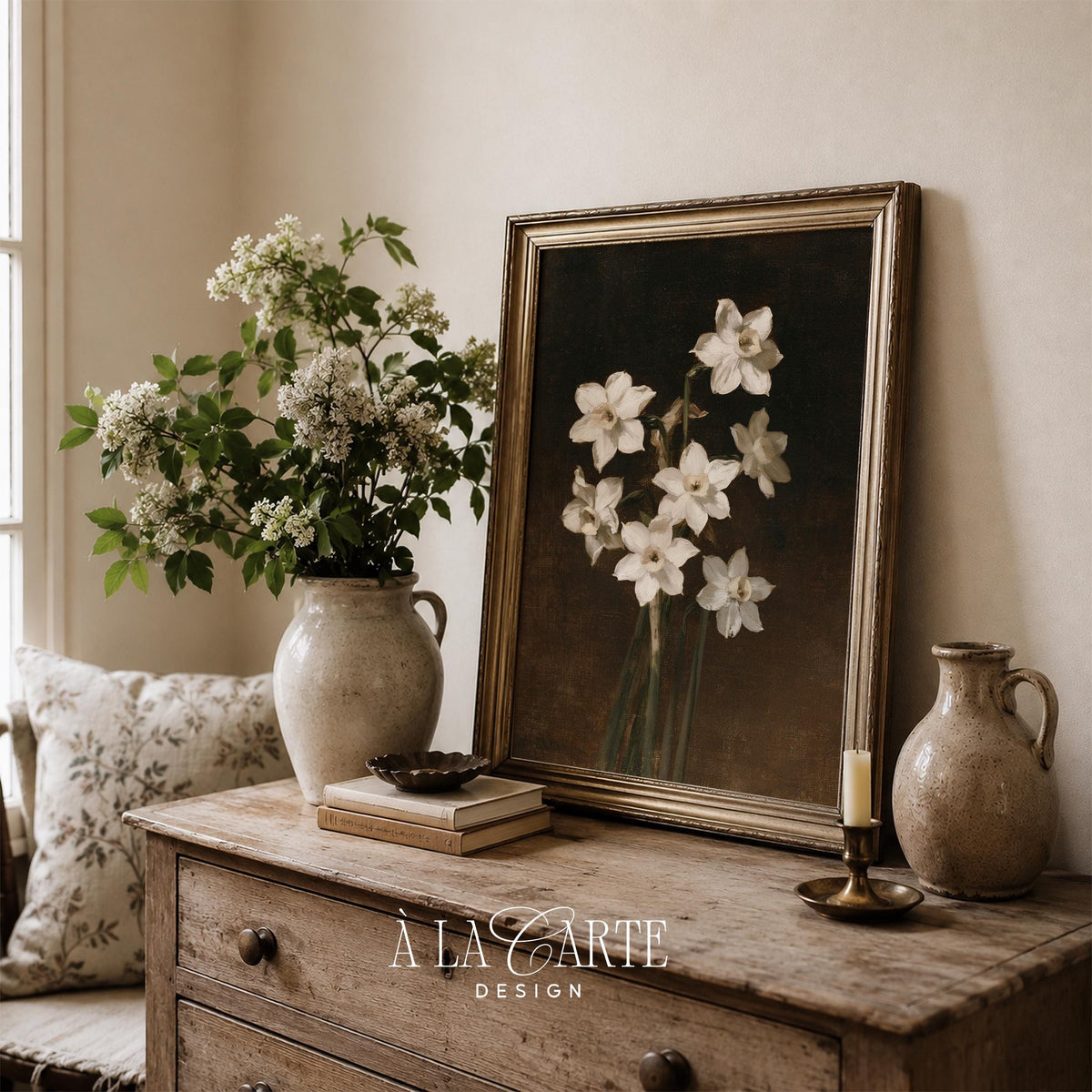 Vintage flower arrangement wall decor for hallway — moody botanical print with glass vessel detail