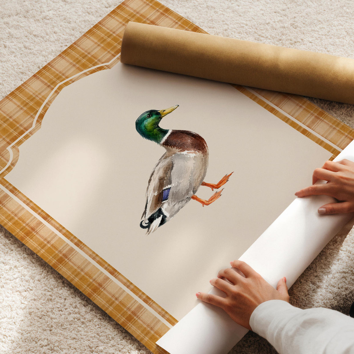 Vintage Fall Duck Wall Art Set of 4, Watercolor Mallard Prints, Autumn Cottagecore Plaid Gallery Wall, French Country Decor Bundle B7