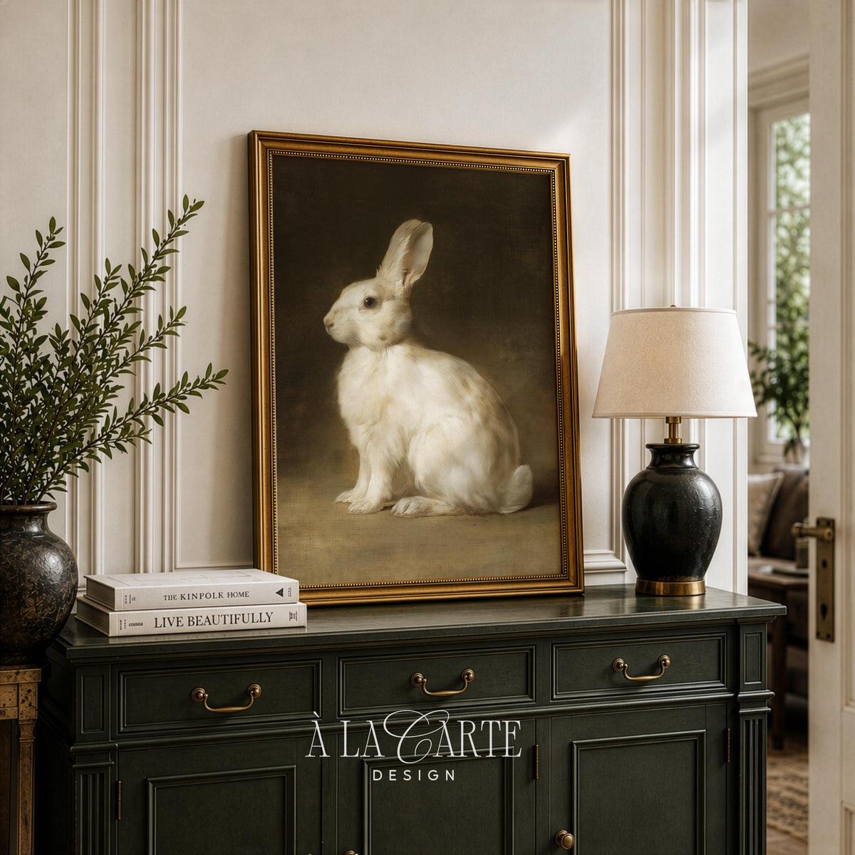 White Rabbit Wall Art, Bunny Painting, Woodland Nursery Art, Farm Animal Decor, Cottagecore Printable, Dark Academia Poster V263