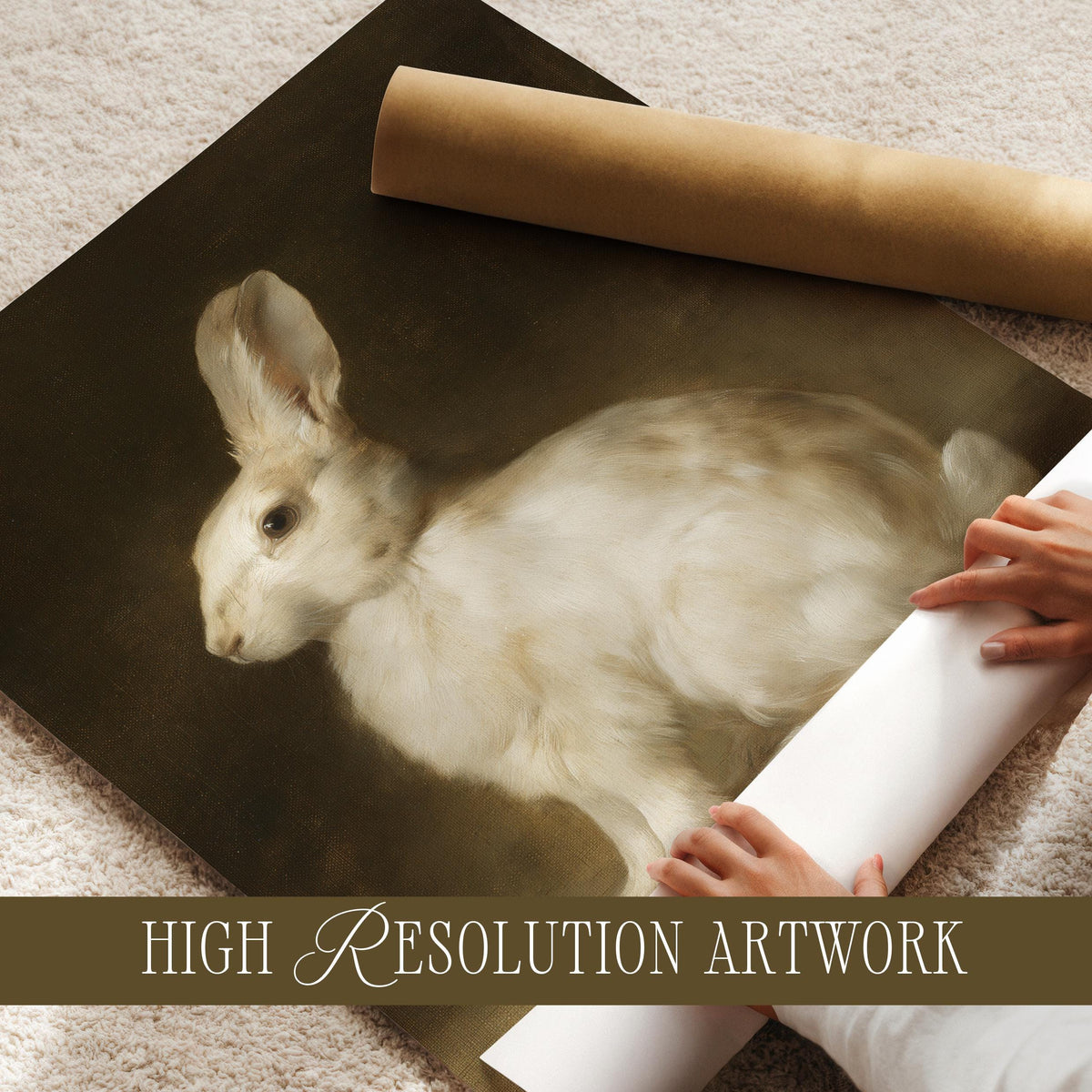 White Rabbit Wall Art, Bunny Painting, Woodland Nursery Art, Farm Animal Decor, Cottagecore Printable, Dark Academia Poster V263