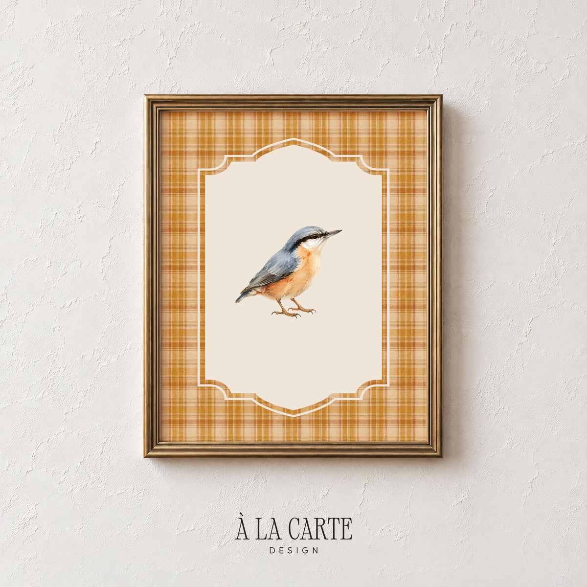 Small woodland bird artwork for kitchen — rustic scalloped medallion with golden plaid border design