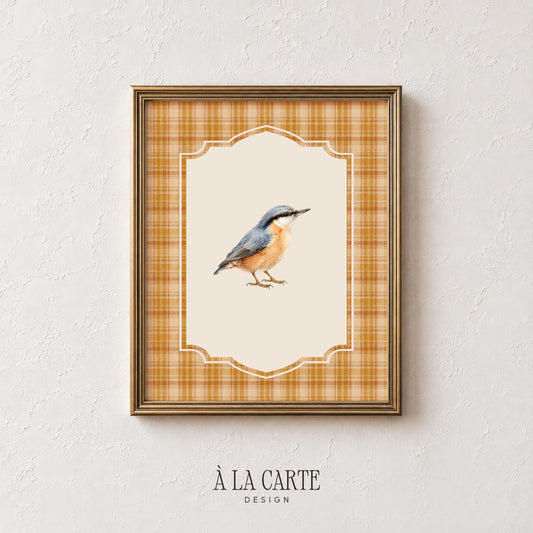 Small woodland bird artwork for kitchen — rustic scalloped medallion with golden plaid border design