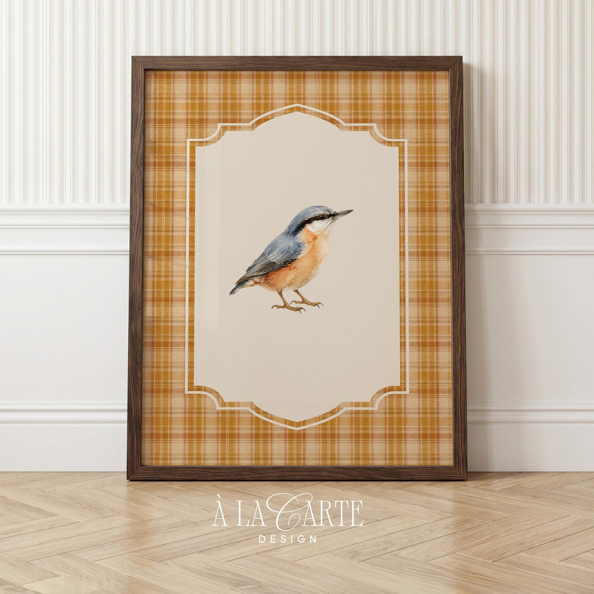 Nuthatch illustration printable wall decor for bedroom — soft pastel feather detail and farmhouse warmth
