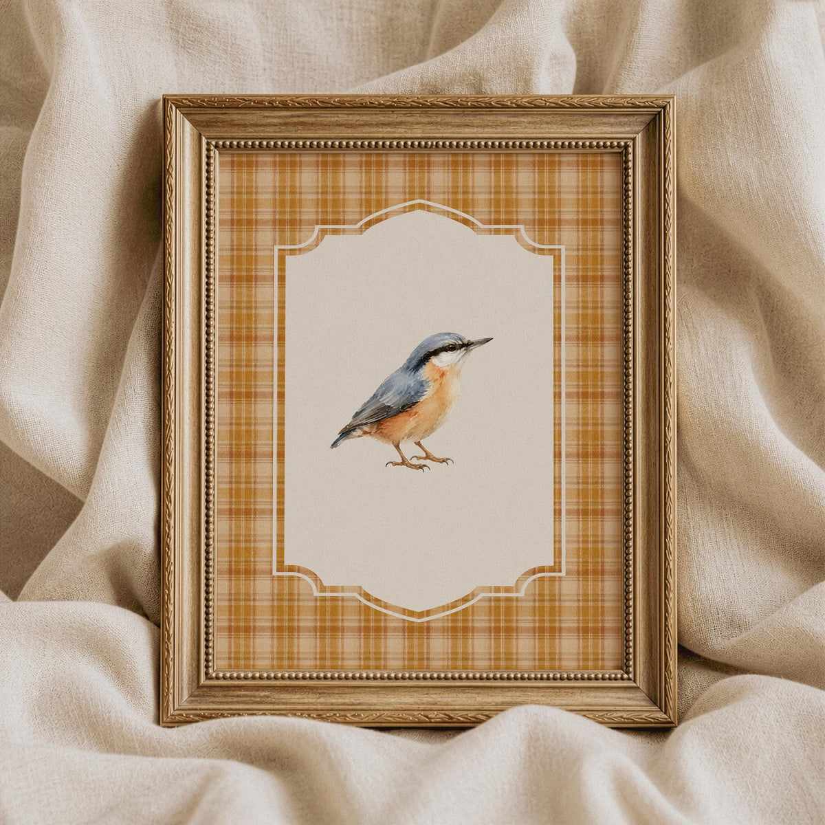 Farmhouse songbird wall print for hallway — delicate watercolor brushwork with scalloped border details