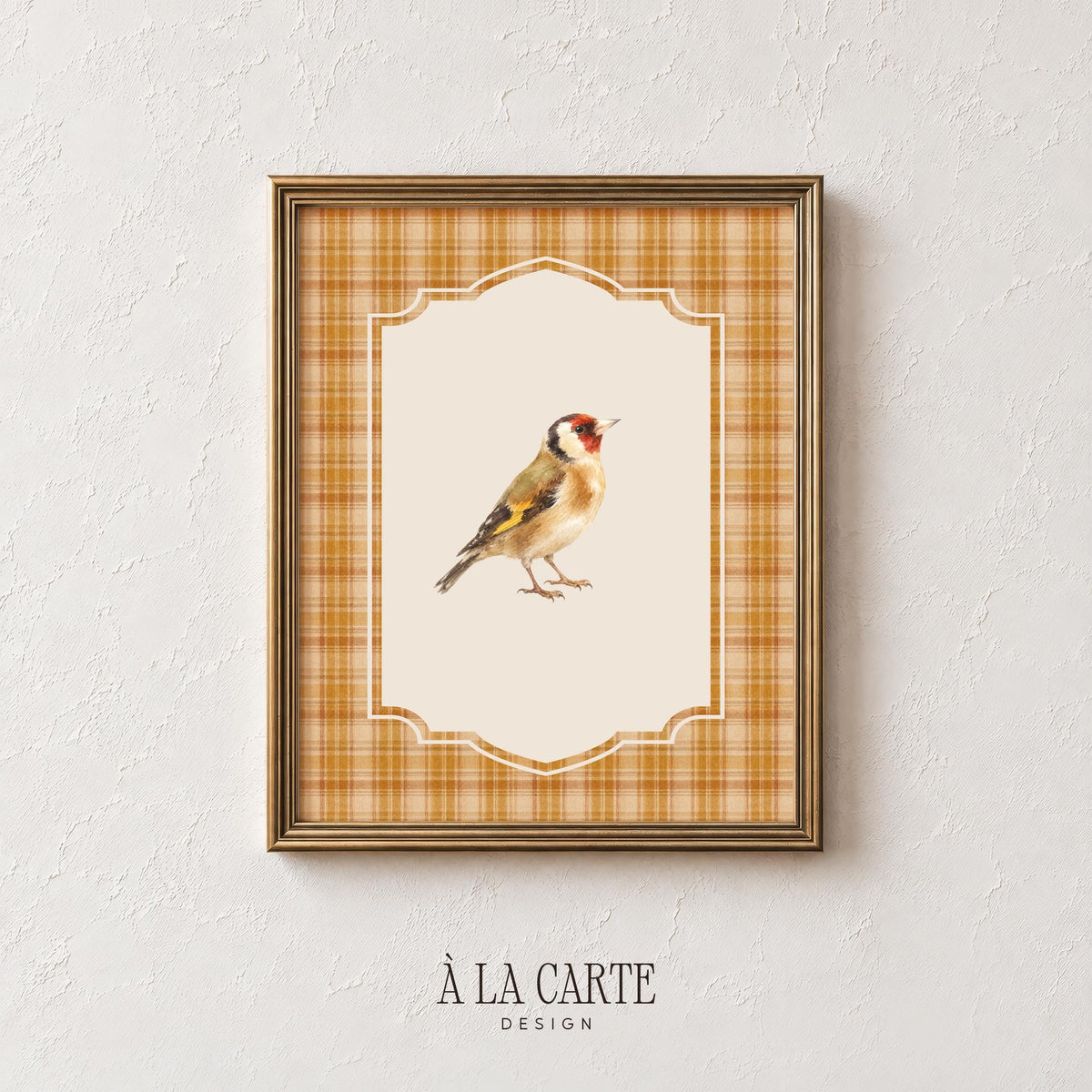 Red-faced finch wall art instant download — cottagecore bird illustration with autumn plaid border and cozy aesthetic