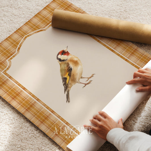Small songbird poster for kitchen — soft brushwork goldfinch art featuring golden-brown tones and rustic charm