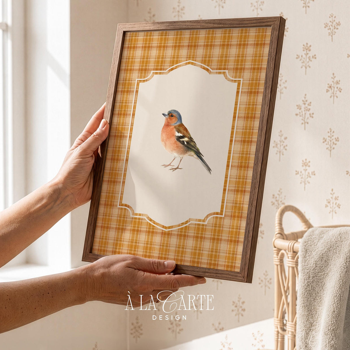 Cottagecore bird art print — gentle finch illustration with ornamental frame perfect for creating vintage autumn home displays