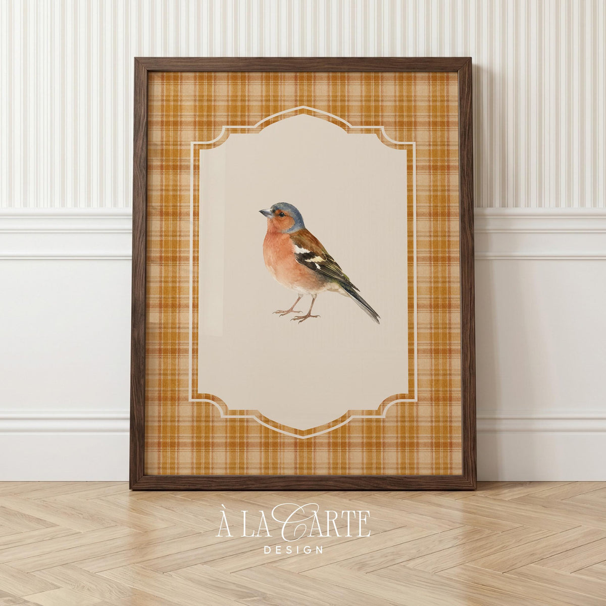 Blue-gray finch printable art for bedroom — vintage songbird illustration with warm orange breast and scalloped border