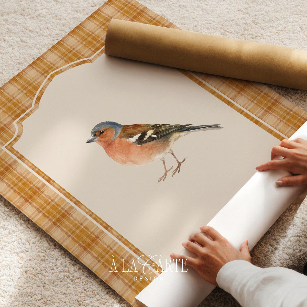 Feathered creature poster with heritage border — countryside art print featuring warm palette and elegant scalloped frame