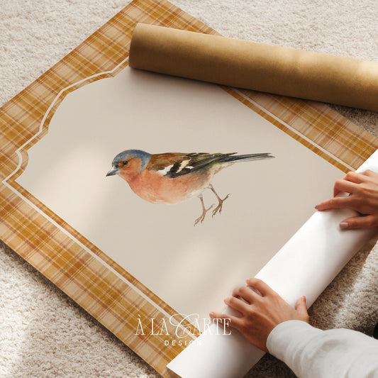 Feathered creature poster with heritage border — countryside art print featuring warm palette and elegant scalloped frame