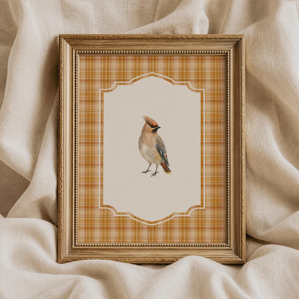 Small songbird digital print for entryway — vintage-style watercolor with scalloped decorative border