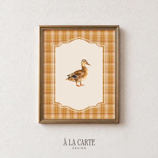 Rustic bird illustration poster art — cottagecore duck study with soft neutral tones and warming gold and orange frame