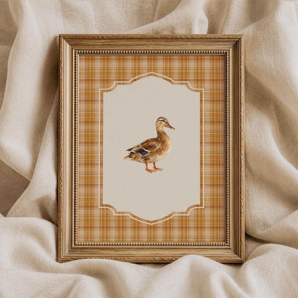 Farmland duck artwork digital wall print — whimsical cottagecore illustration with cream background and rustic plaid detailing