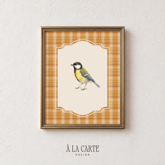 Perched bird painting for country cottage — detailed illustration with warm rustic charm and patterned border