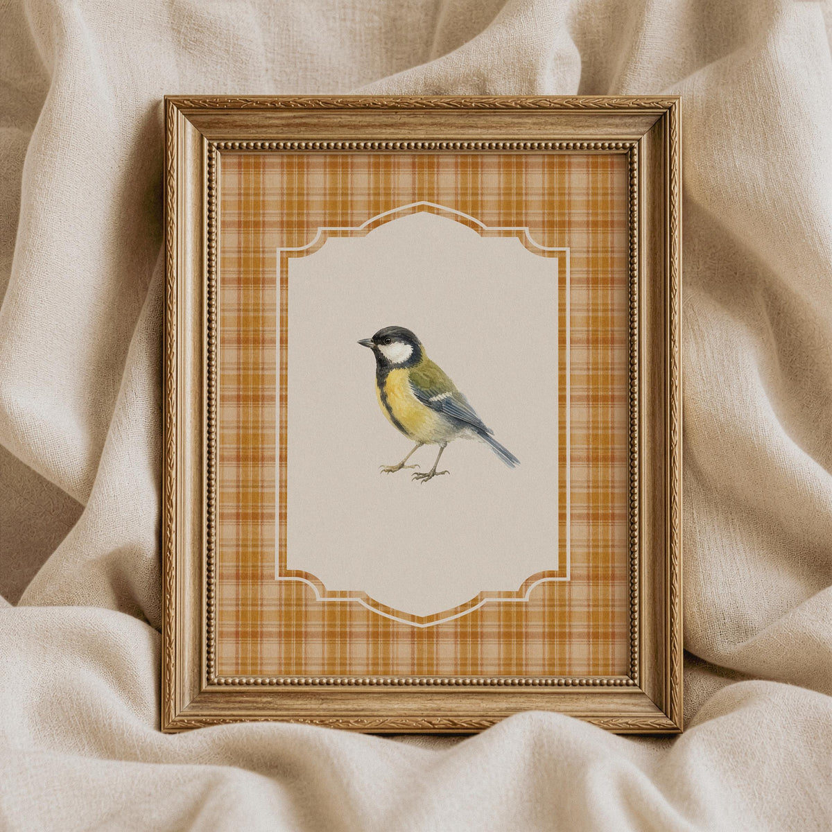 Hand-painted bird poster for living room — farmhouse charm with soft feather detail and rustic color palette