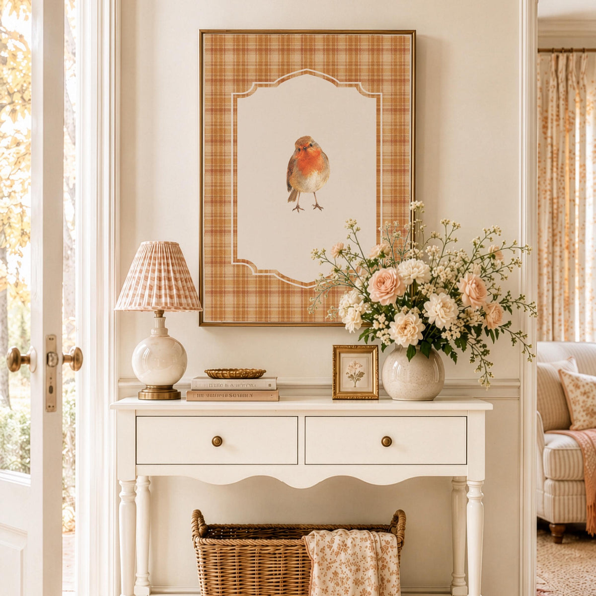 Hand-painted robin digital wall decor for home — warm autumn color palette with classic cottage styling