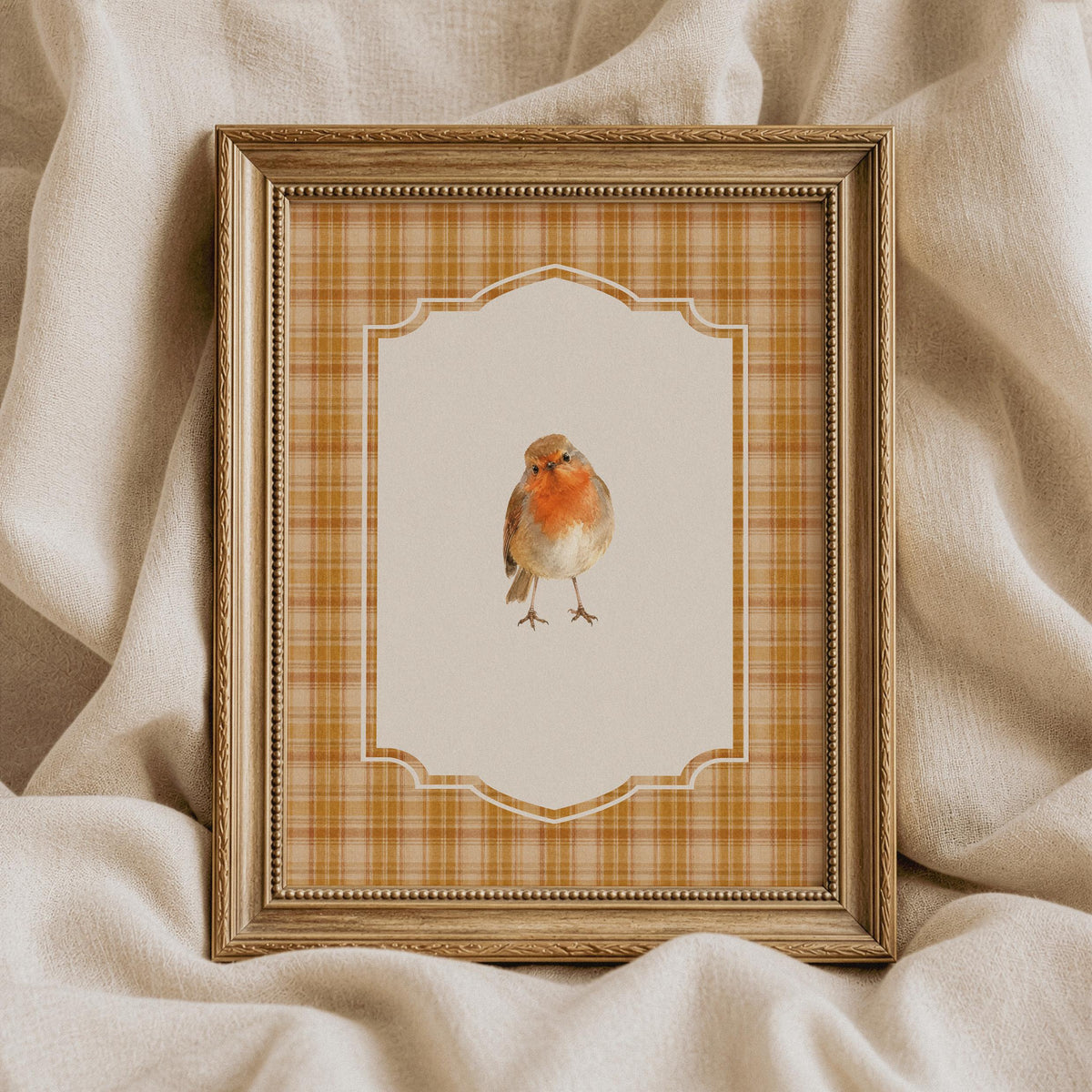 Rustic bird poster for living room — soft watercolor-style robin centered in vintage scalloped medallion
