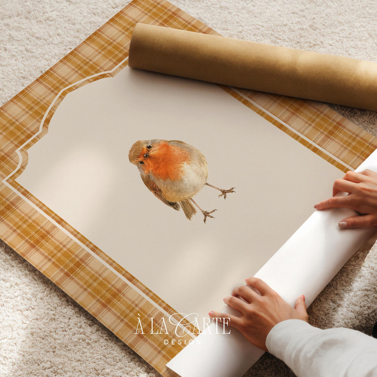 Cozy bird illustration poster for hallway — small robin with brown plumage on rustic golden backdrop