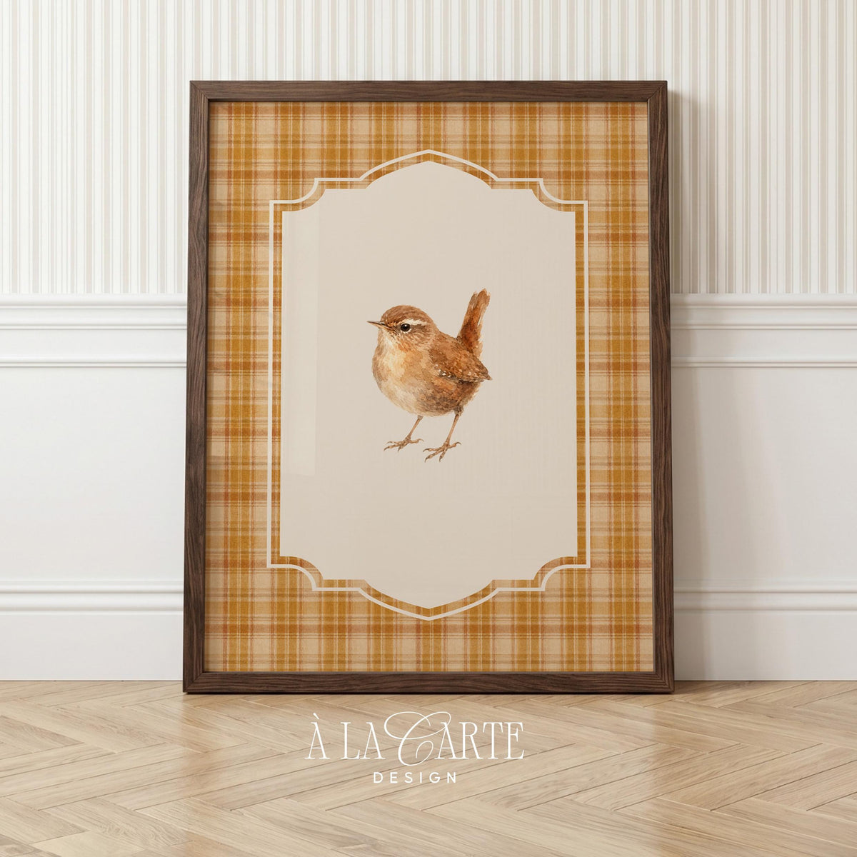 Countryside wren wall picture for den — cozy vintage keepsake aesthetic with detailed brushwork and ornate frame design