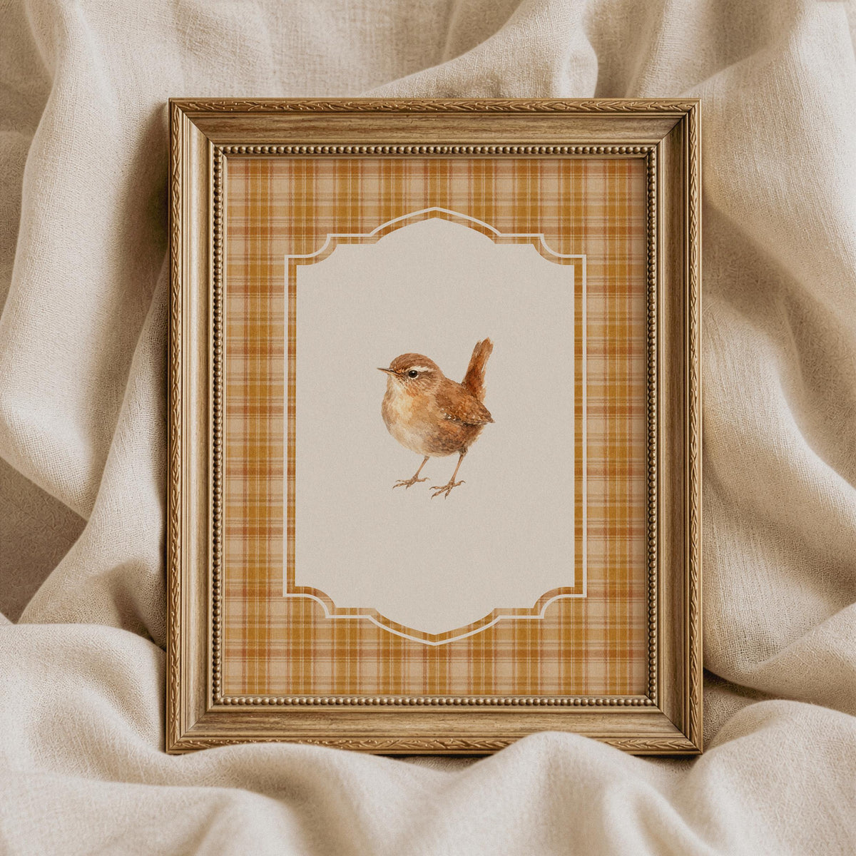 Brown wren bird painting printable art for bedroom — cottagecore farmhouse wall decor with soft feather details