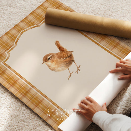 Soft-brushed avian artwork digital print for nursery — rustic autumn-inspired with scalloped label and golden-orange pattern