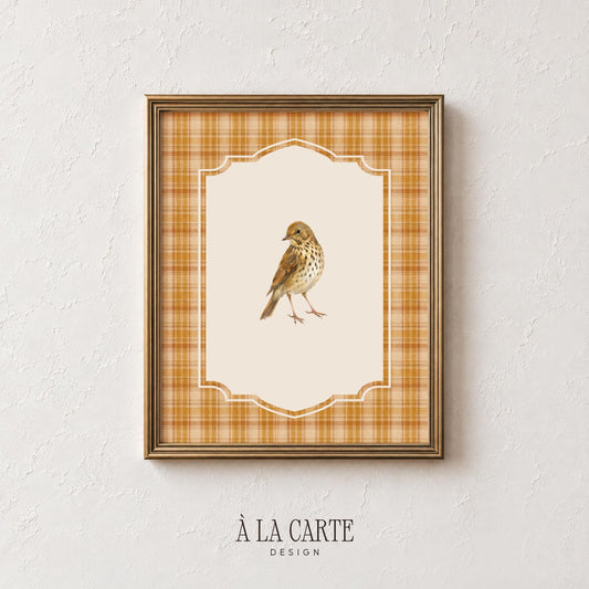 Warm-toned songbird picture instant download — cottagecore wall art featuring vintage textile-inspired design