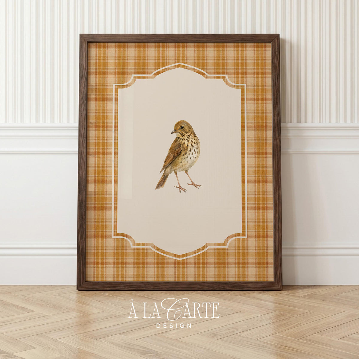 Delicate thrush digital art for gallery wall — cottagecore aesthetic with ornate cream frame and fine detailing
