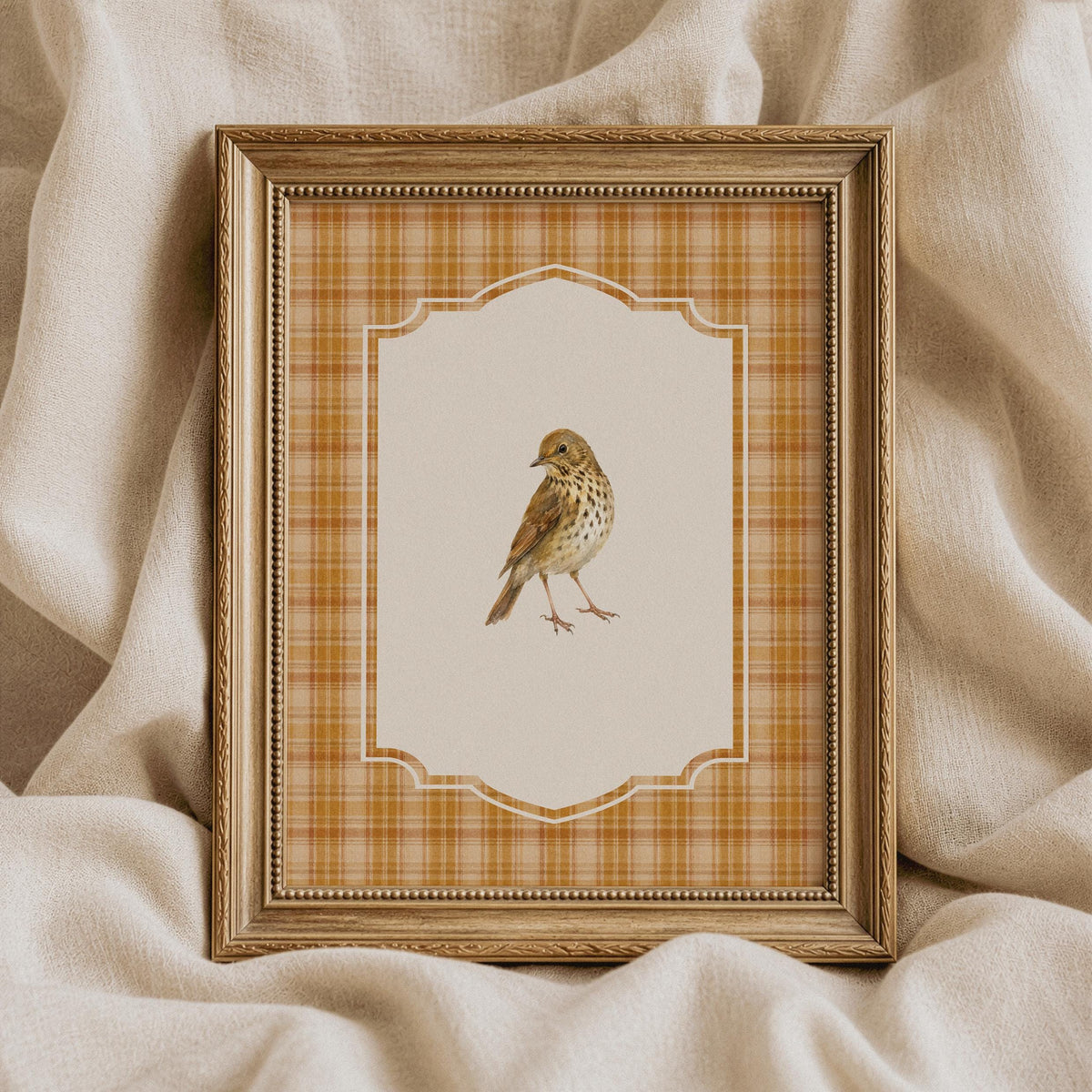Brown songbird digital print for bedroom — autumn-inspired vintage artwork with decorative scalloped border
