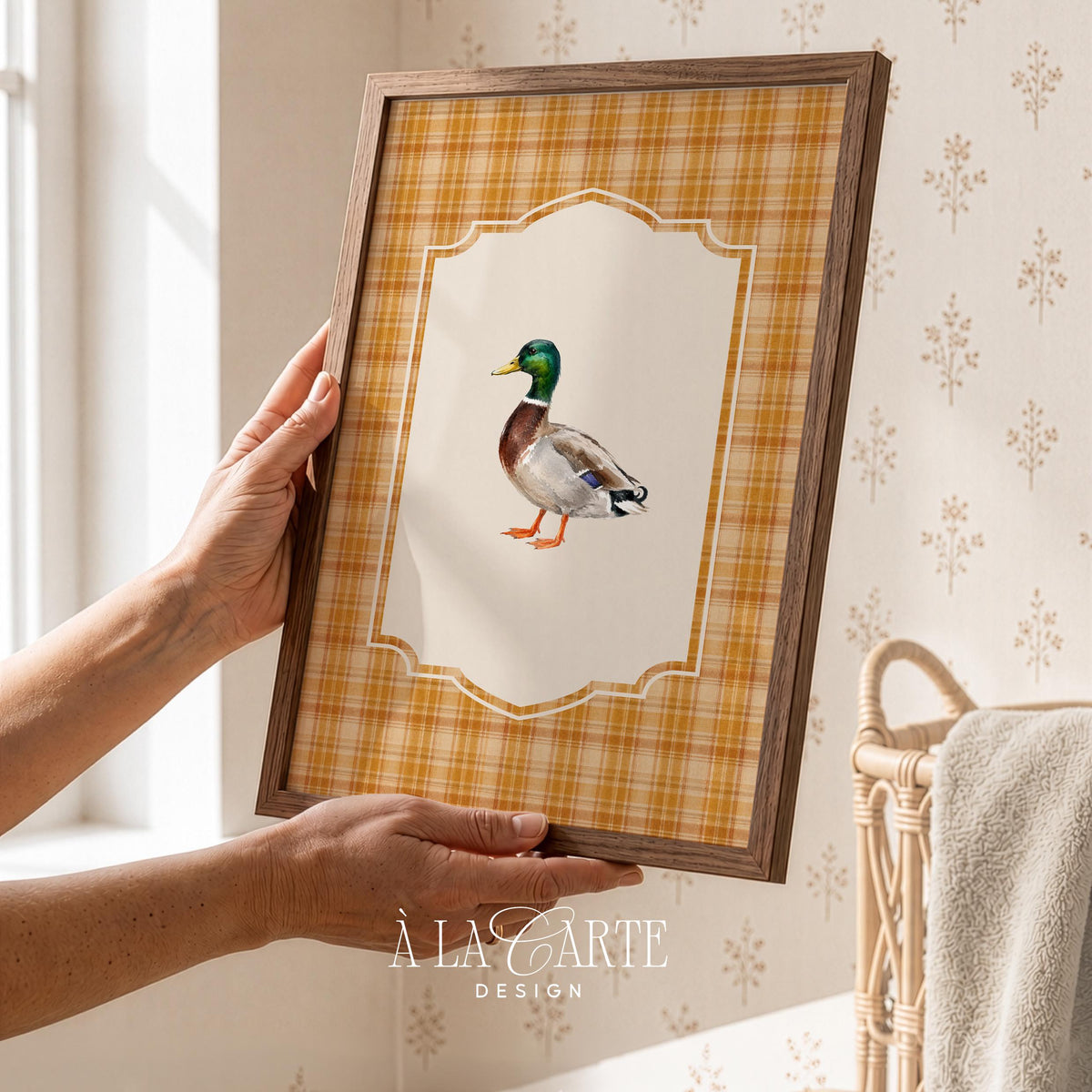 Cottagecore waterfowl print instant download — profile mallard with cream and plaid farmhouse aesthetic
