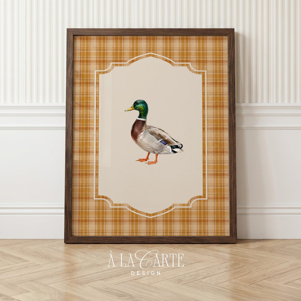 Vintage duck illustration digital print for bedroom — rustic watercolor with orange plaid and country charm
