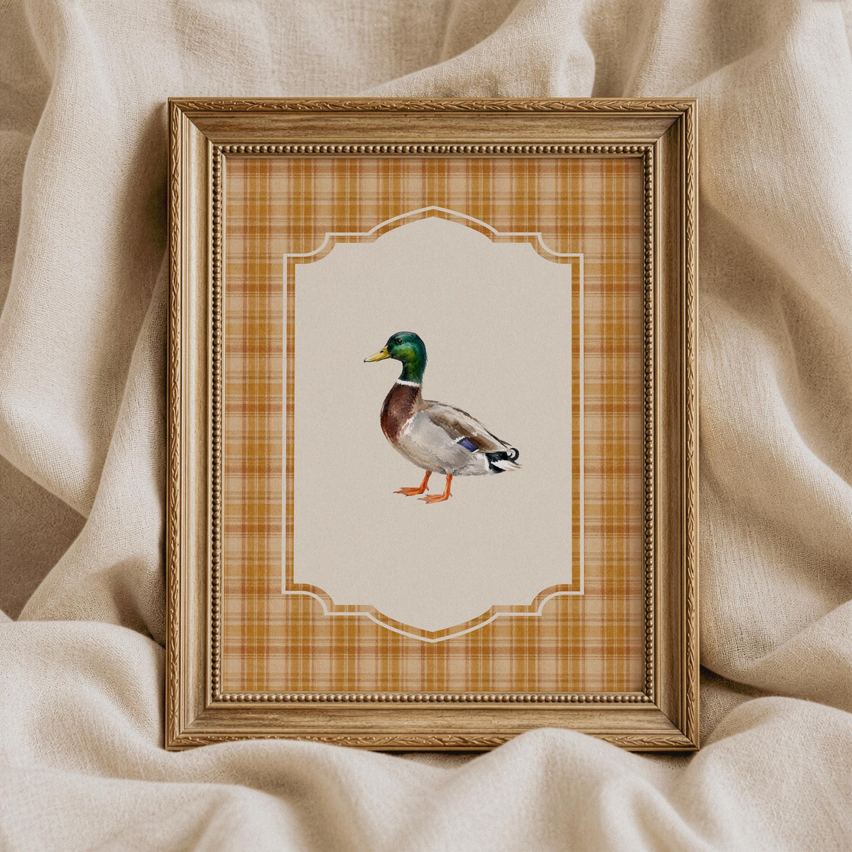 Green-headed duck wall art poster for kitchen — cottagecore style with cream scalloped frame and warm tones