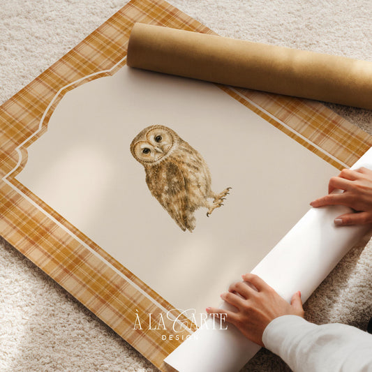Feathered woodland bird wall art for bedroom — cozy rustic illustration with orange and cream plaid framing accent
