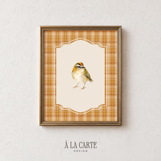Rustic bird illustration wall art for living room — cozy plaid backdrop with warm color palette and scalloped motif