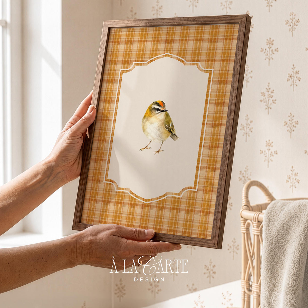 Garden songbird painting for entryway — heritage-style printable with soft brushstrokes and warm heritage border